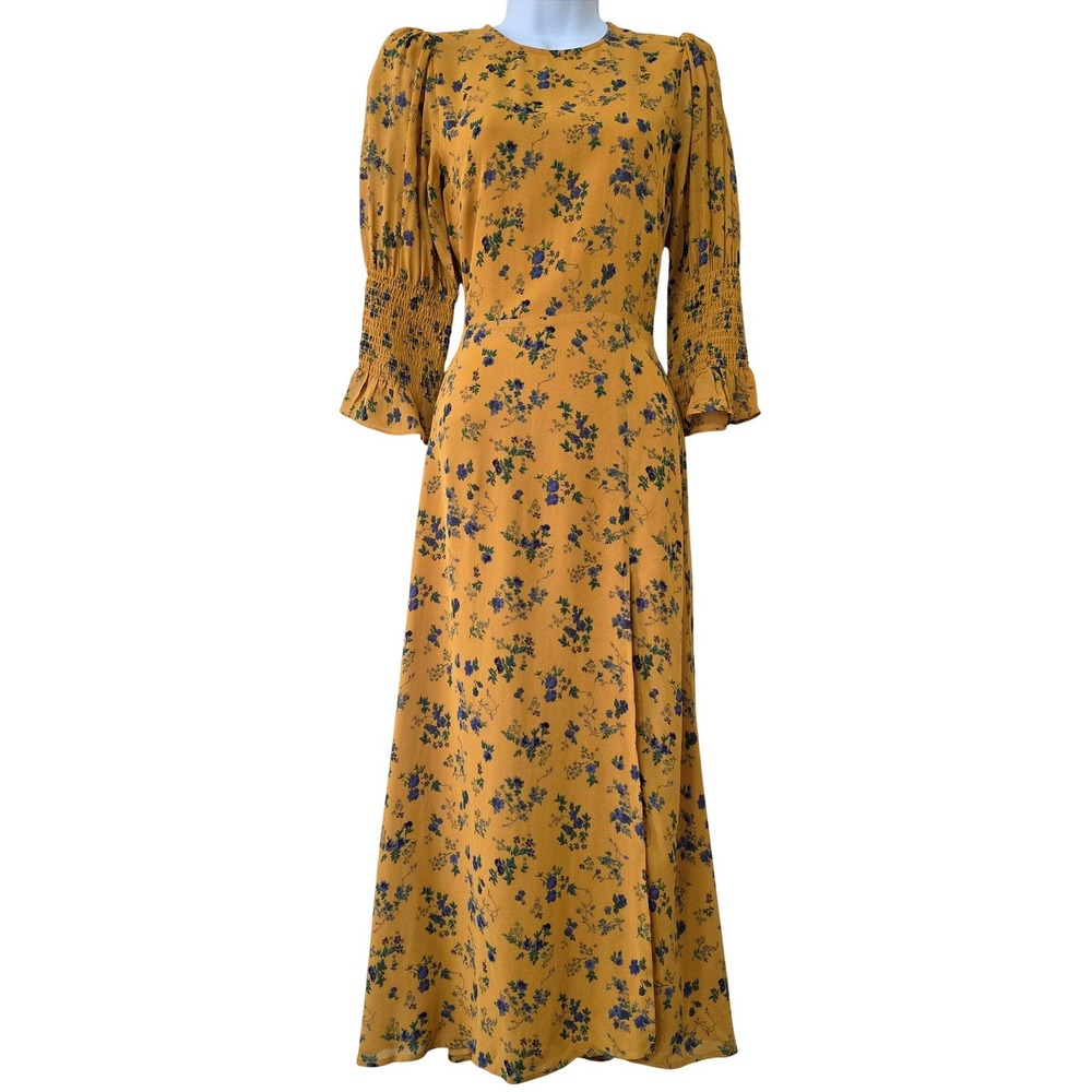 Reformation Carolena Ditsy Floral Print Midi Dress Sz‎ 2 Yellow Chiffon Garden